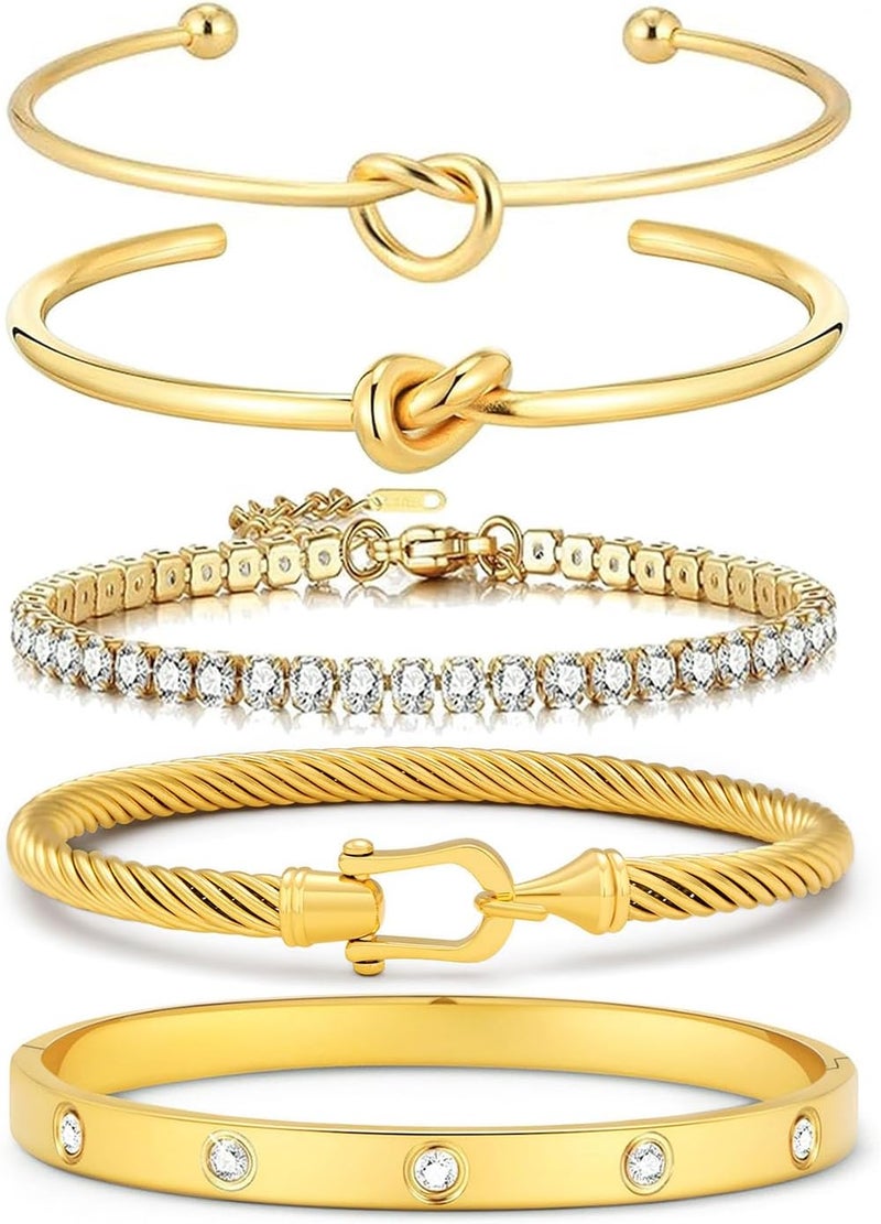 FAFUGA 18 K Gold Plated Love Bangle Bracelet Stack Cuff Jewelry for Women Jewelry Set for Women Gift with Box - Image 1